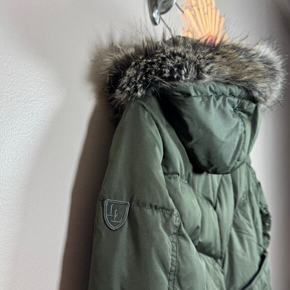 Larry Levine Down Puffer Mid Length Coat Removable Hood Fur Trim Olive Green S - Picture 8 of 10